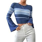 GORGLITTER Women's Striped Checkered Sweater Long Sleeve V Neck Oversized Knit Pullovers Tops
