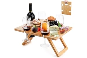 Youeon Portable Wine Picnic Table with 5 Wine Glasses Holder, Foldable Champagne Picnic Snack Table, Wine and Cheese Table for Picnic, Camping, Park, Beach, Wine Lover Gift