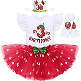 IDOPIP Baby Girls Strawberry 1/2 1st 2nd 3rd Birthday Outfit Romper Tutu Skirt Headband Leg Warmers for Cake Smash Photoshoot
