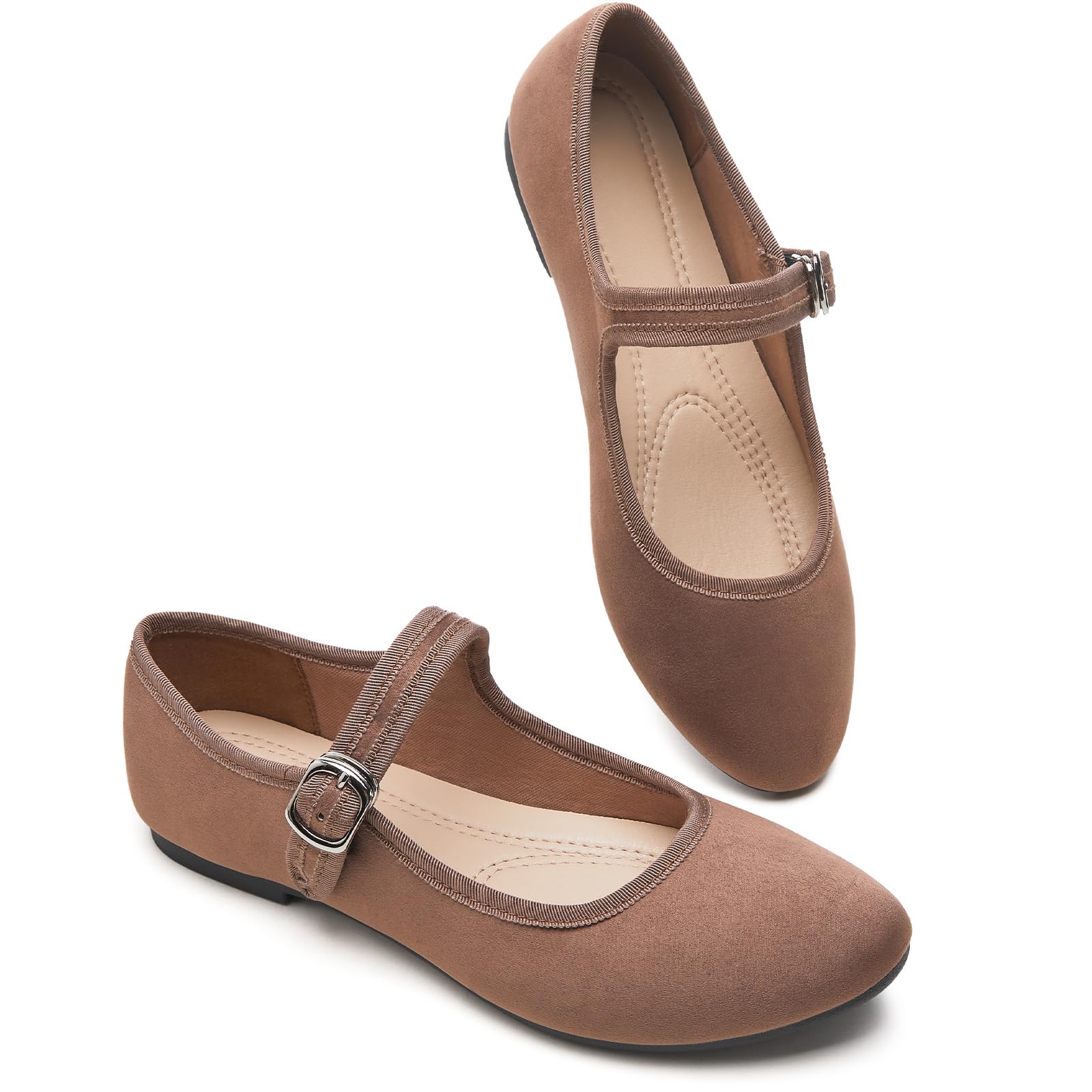 Photo 1 of BABUDOG Womens Mary Jane Flats with Strap,Faux Suede Black Flats Shoes,Flats Shoes Women Dressy Comfortable(Brown 11)