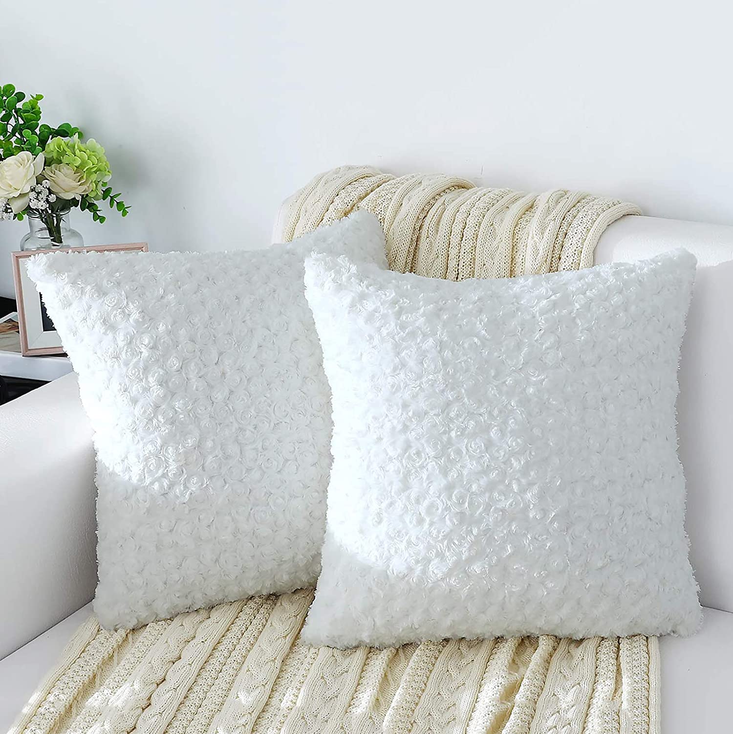 Ewolee Cushion Covers, Pack of 2 Square Throw Pillow Case 18x18in, Ultra Soft Fuzzy Faux Fur Decorative Throw Pillow Covers with Rose Floral Pattern for Sofa Couch Bed Chair (White)