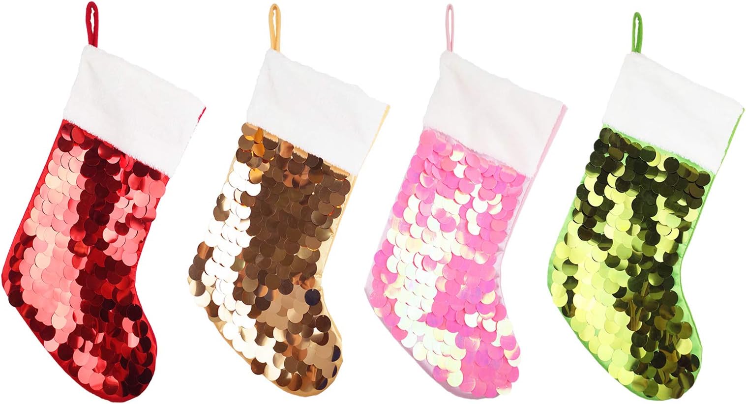 Etistta Set of 4 Classic 20 inch Sparkling Sequins Christmas Stockings with White Fur Cuff - Red, Green, Pink, Gold
