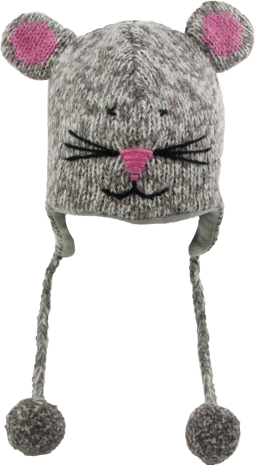 Grey Mouse Wool Pilot Animal Hat with Ear Flaps and Tassels