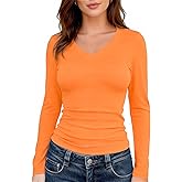 YumiDay Womens V Neck Long Sleeve Tops Thermal Undershirt Stretchy Shirt Fitted Lightweight Moisture Wicking