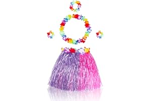 Fortuning's JDS Girl's Elastic Hawaiian Hula Dancer Grass Skirt with Flower Costume Set