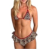 RoseSeek Women's 2 Piece Leopard Ruffle Bikini Sets Triangle Halter Y2k Swimsuit Contrast Trim Bathing Suit