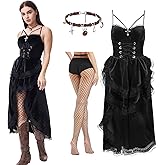 QSLWcos Medieval Gothic Dress for Women 3PCS Black Lace Up Dress with Fishnet Stockings Halloween Renaissance Cosplay Outfits