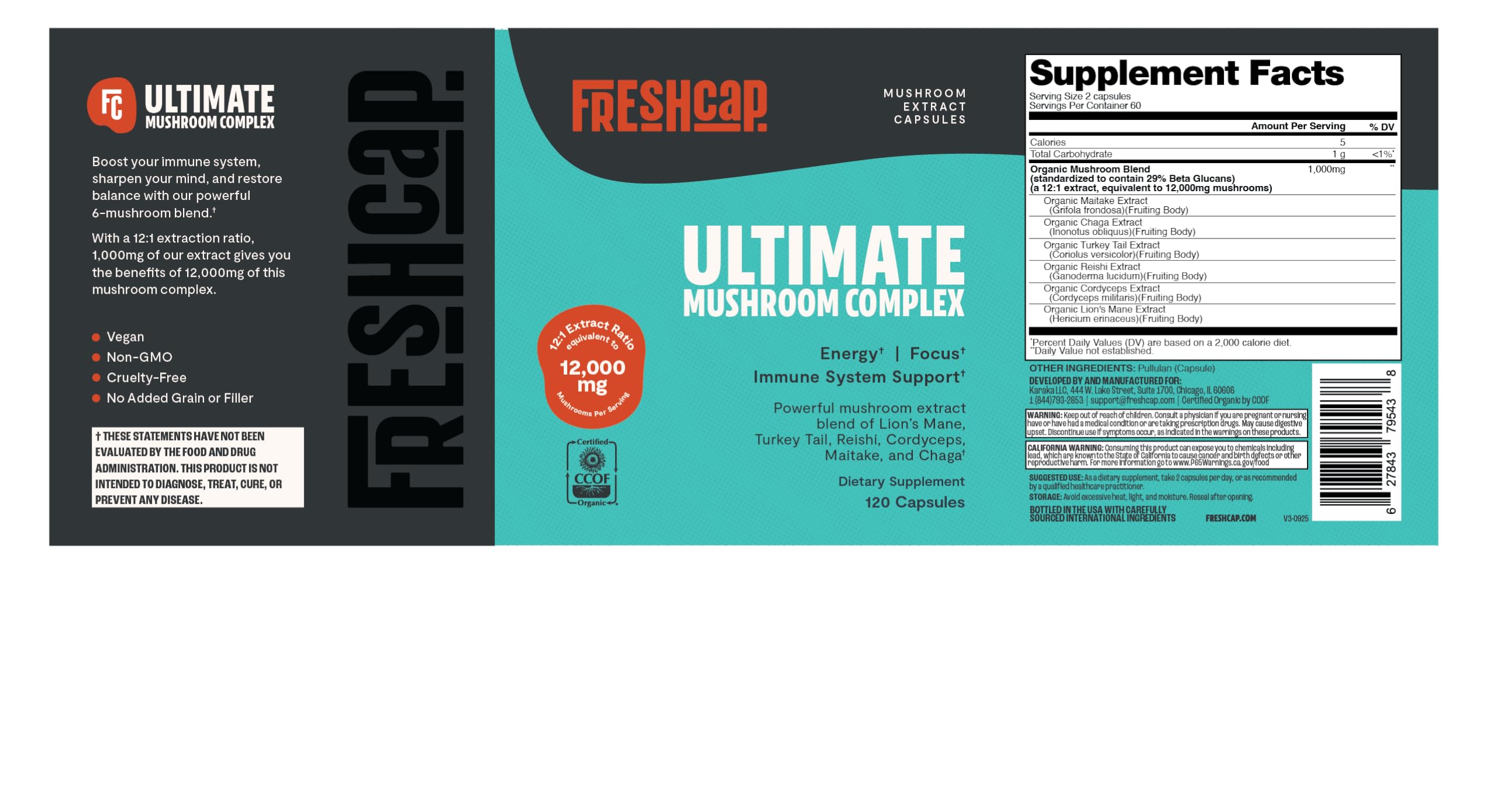 FreshCap Mushrooms Ultimate Mushroom Supplement 12,000mg - Mushroom Complex Capsules, Organic Supplement Ayurveda (120 Capsules)