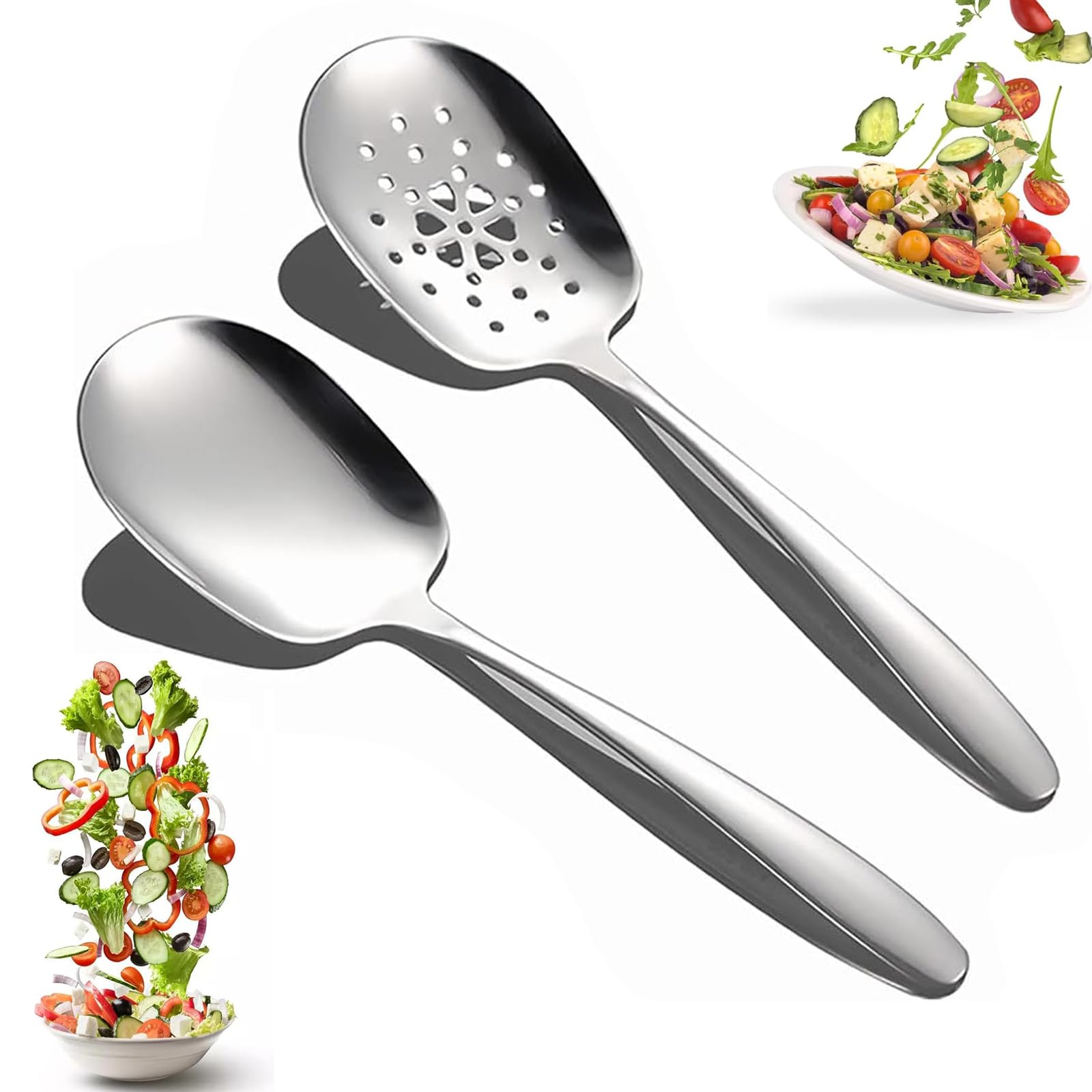 Tomuvpzn Serving Spoon Set Made of Stainless Steel - 2 Pieces Large and Slotted Spoons, Salad Servers for Banquet, Buffet, Restaurant