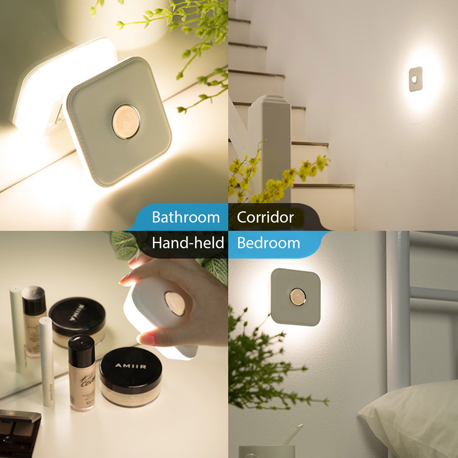 Motion Sensor Indoor LED Night Light, USB Rechargeable Stick-Anywhere Cordless Auto On Off Light, Imitation Leather Texture Warm Light for Children Bedroom, Hallway, Stairs, Bathroom, WISBEAM, White