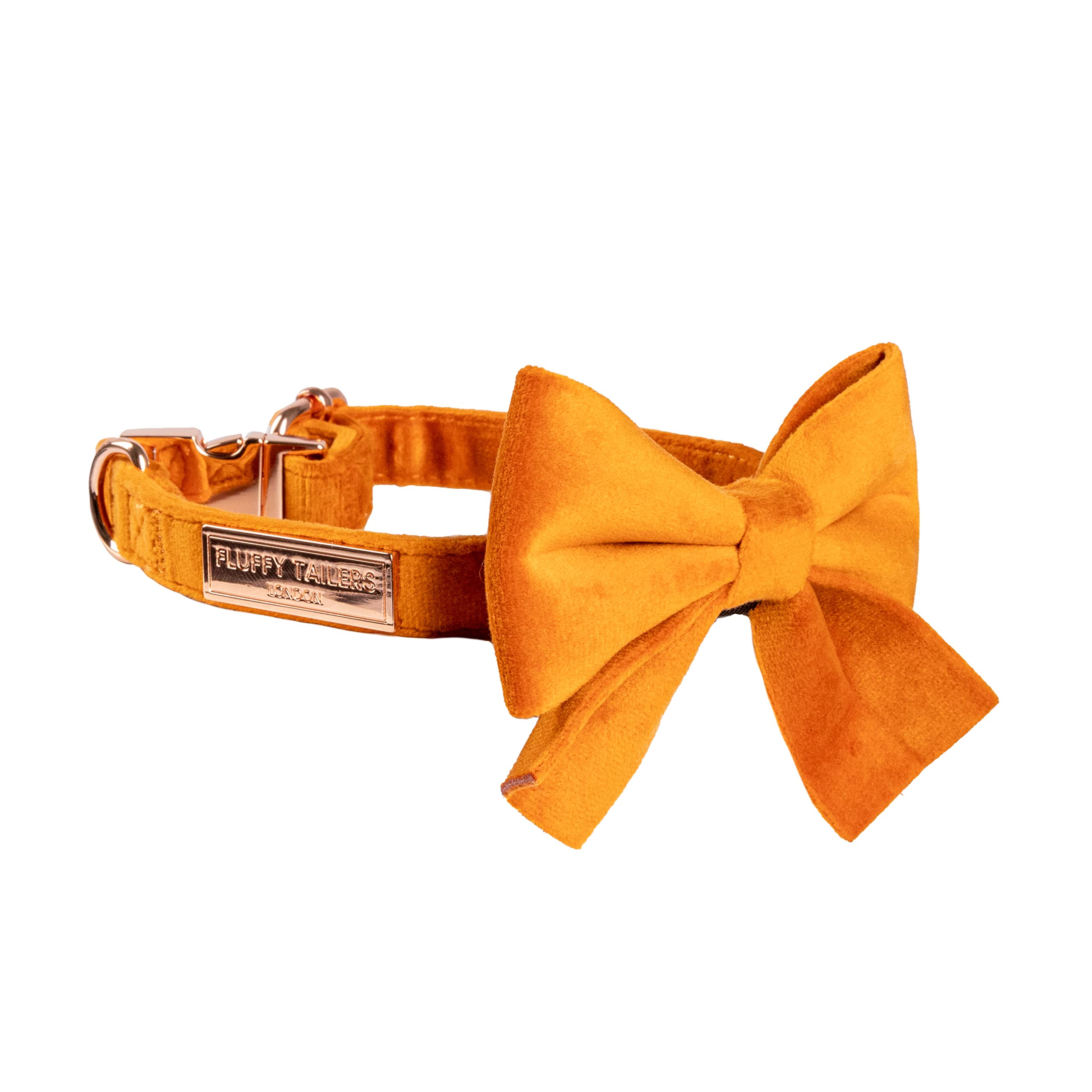 Fluffy Tailers Orange Velvet Luxury Adjustable Dog Collar Bowtie Comfortable Dog Collar with Detachable Bow Tie & Safety Buckle - Suitable for Puppy & Small Medium Dogs(Medium)