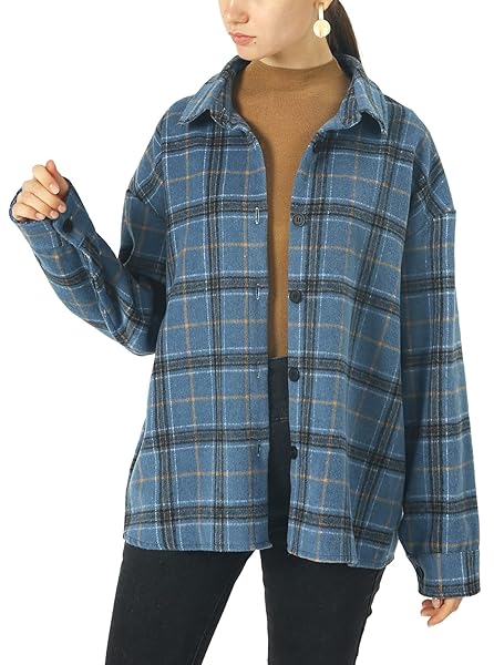 CHOUYATOU WOMEN’S WESTERN STYLISH LONG SLEEVE BUTTON DOWN OVERSIZE PLAID FLANNEL SHACKET SHIRT JACKET (BLUE, XX-LARGE)