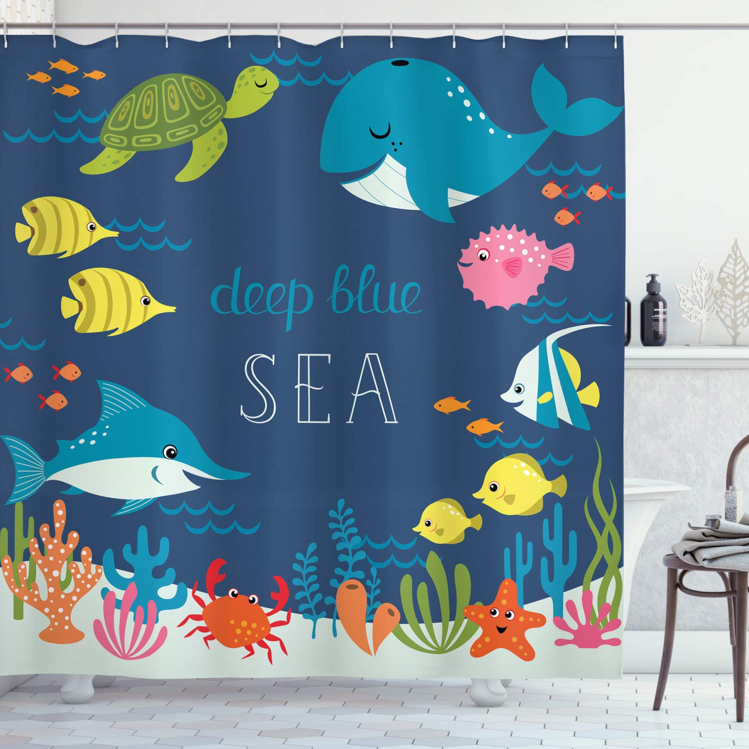 ABAKUHAUS Cartoon Shower Curtain, Underwater Graphic Algaes Coral Reefs Turtles Fishes the Life Aquatic, Cloth Fabric Bathroom Decor Set with Hooks, 86 Inches Extra Long, Multicolor