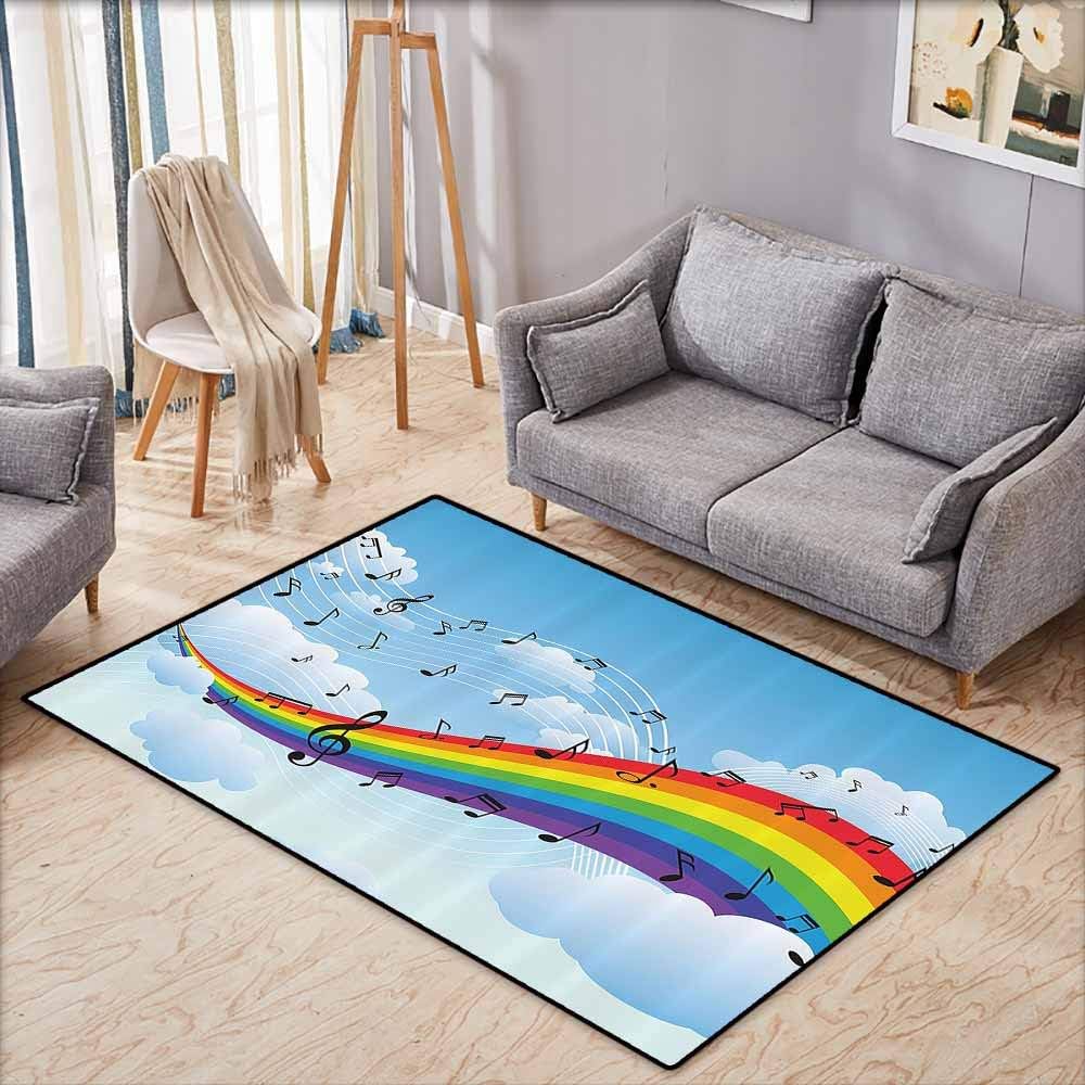 Kids Rug,Music Decor Collection,Rainbow with Music Notes Cloudscape Cartoon Fun Artwork Symphony Sky Picture,Rustic Home Decor,4'11"x7'10",Blue Red Yellow Orange