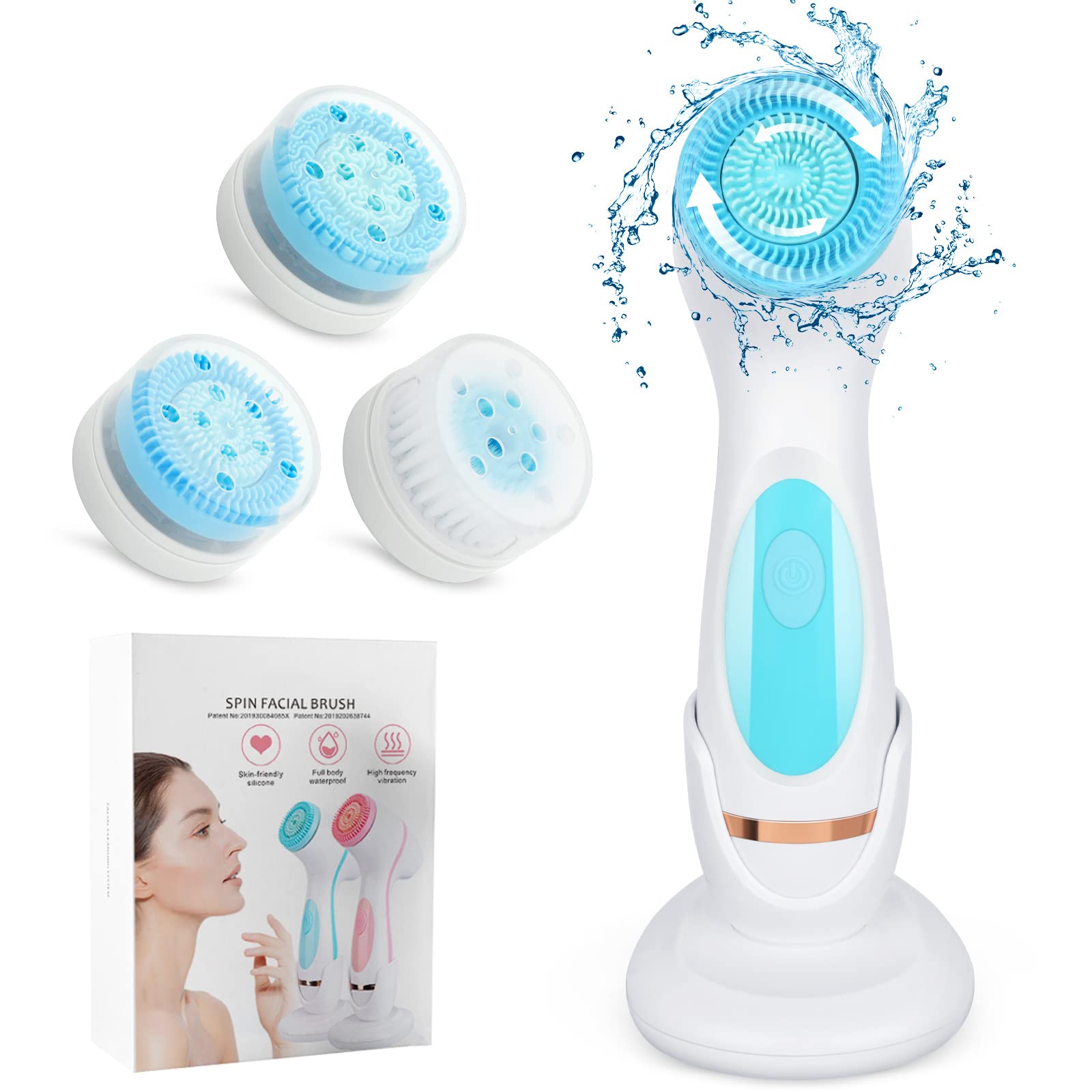 Facial Cleansing Brush, IPX6 Waterproof Electric USB Rechargeable Face Spin Brush with 3 Brush Heads, 4 Speeds Counterspin Design Silicone Face Brush for Deep Cleaning, Massaging, Exfoliating (A)