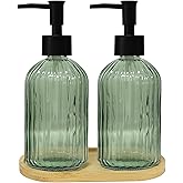 Glass Hand and Dish Soap Dispenser Set of 2 with Plastic Pumps, Bamboo Tray, 13.5oz Bathroom Soap Dispenser for Hand Wash & Dish Wash, Ideal for Bathroom Kitchen Countertop (Army Green)