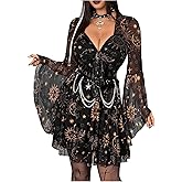 Floerns Women's Plus Size Gothic Bell Sleeve A Line Dress Tie Front Sweetheart Neck Grunge Clothes
