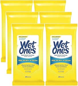 Wet Ones Antibacterial Hands &amp; Face Wipes, Citrus Scent, 20 Count Travel Pack (Pack of 6)