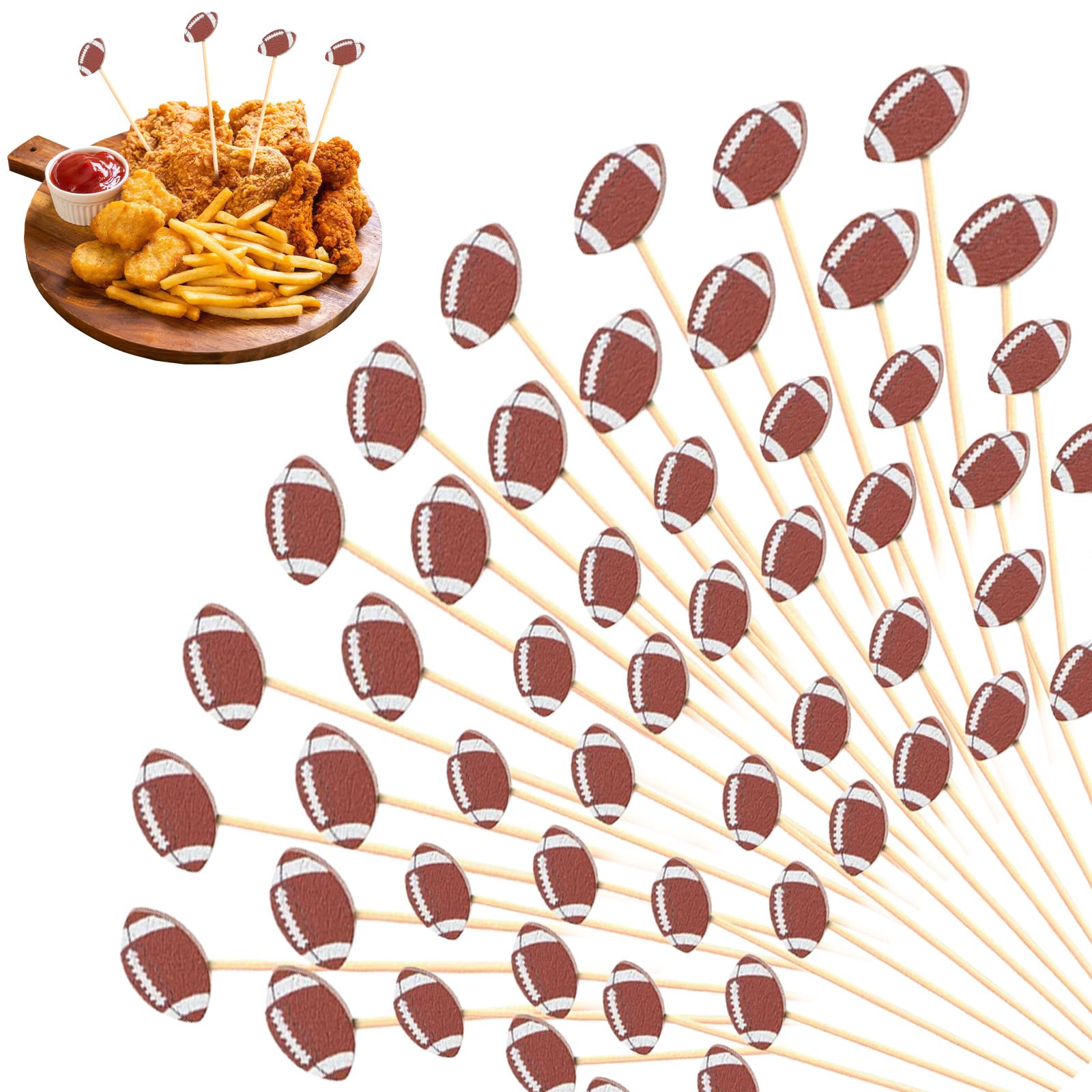 Photo 1 of 100 Pcs Football Toothpicks, Cocktail Picks, Football Sport Party Decor Picks, Food Fruit Accessories for Party, Long Bamboo Toothpicks Cocktail Decorations Supplies