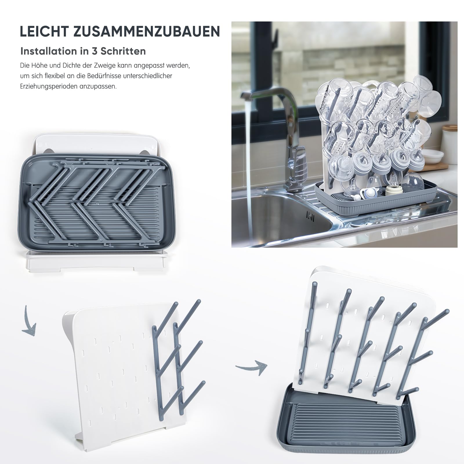 Termichy Baby Bottle Drying Rack: Large Vertical Bottle Dryer Rack Holder - Space Saving Standing Drying Rack for Baby Bottles and Pump Part Cleaning (Gray)