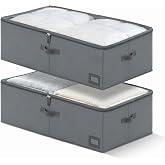 10" High Capacity Under Bed Storage Bins (2-Pack, Charcoal Grey), Deep 600D Heavy Duty Oxford Fabric Organizer Containers with Matching Vegan Leather Handles for Comforters, Pillows &amp; Blankets