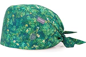 KOUSENPU Green Field Daisy Printed Surgical Scrub Cap, Adjustable Scrubs Cap with Button, Freshness and Breathable Medical Hat