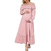 OUGES Women's Cotton Blend Off Shoulder Maternity Dress for Photoshoot Puff Sleeve Ruffle Baby Shower Maxi Dresses