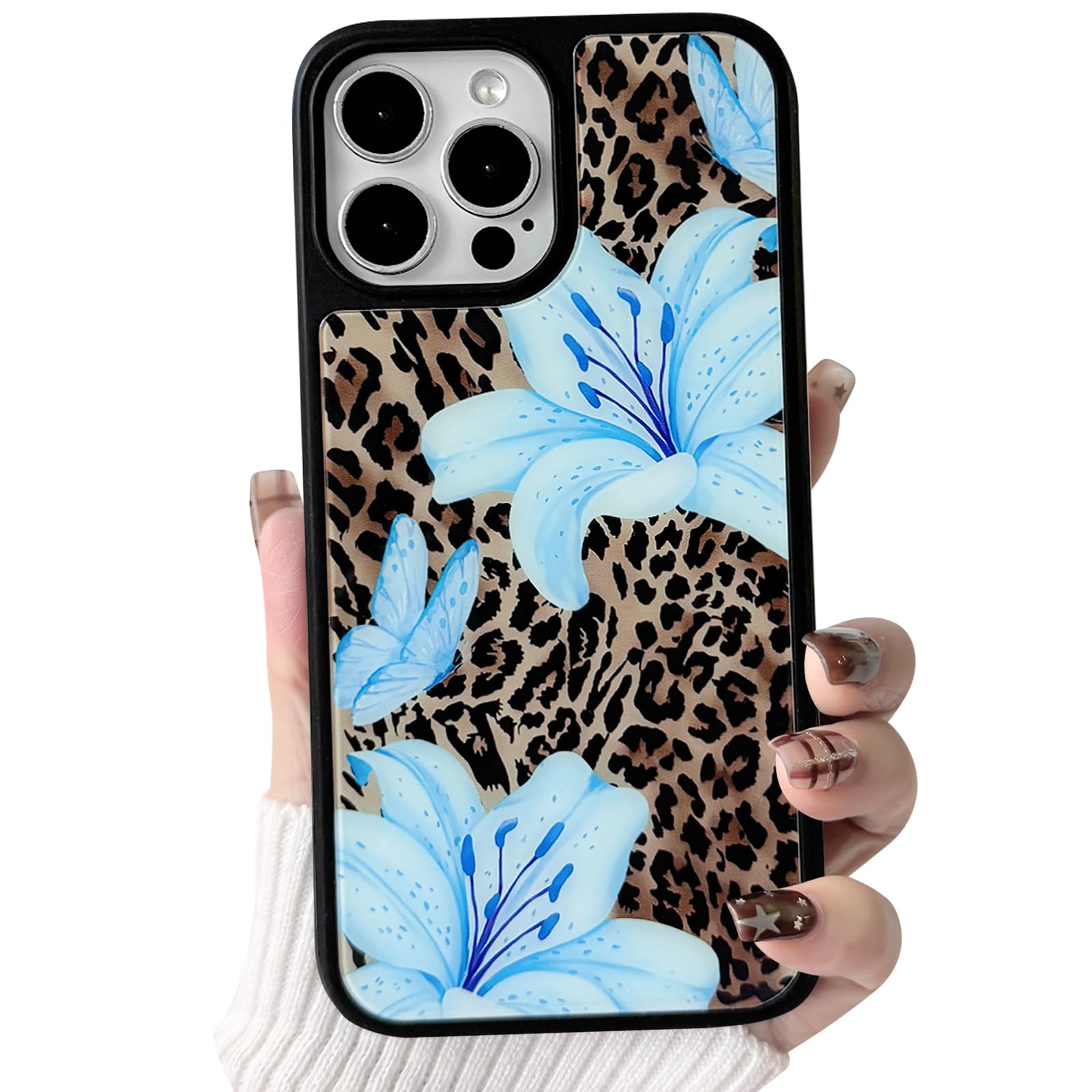 NITITOP Compatible with iPhone 15 Pro Max Case Cute Brown Leopard Print Butterfly Floral Lily Flower for Women Girls Glossy PC Hard Back Shockproof Protective Phone Cover - Blue