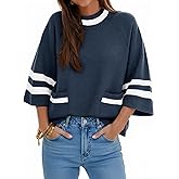 Cicy Bell Womens Oversized Sweater 3/4 Sleeve Mock Neck Color Block Chunky Knit Sweaters Casual Fall Pullover Tops