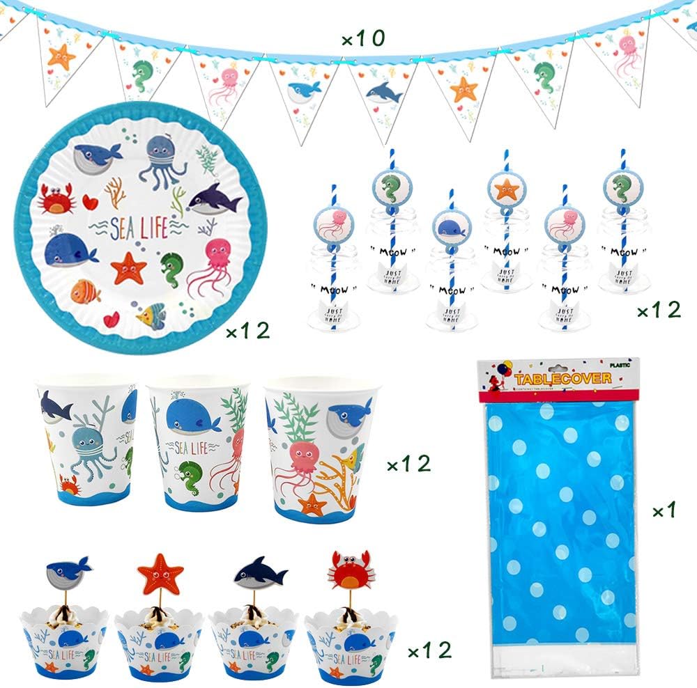 71 Piece Sea Life Marine Animal Party Supplies, Kids Birthday Party Decoration Tableware Pack, Including Banner, Plate, Cup, Straw, Cupcake Wrapper, Cupcake Topper, Table cover, Serves 12 Guest