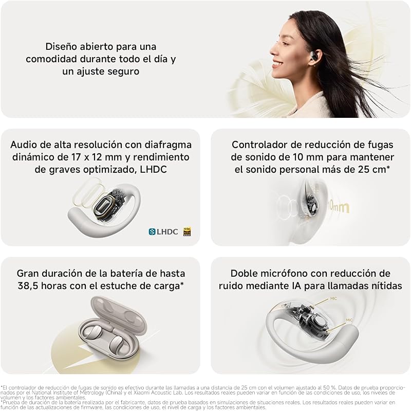 OpenWear Stereo - Auriculares inalámbricos, cancelación de Ruido, Driver dinámico, Doble micrófono, 7.5 Horas de autonomía y 38,5 Horas con el Estuche de Carga, Beige (Versión ES)