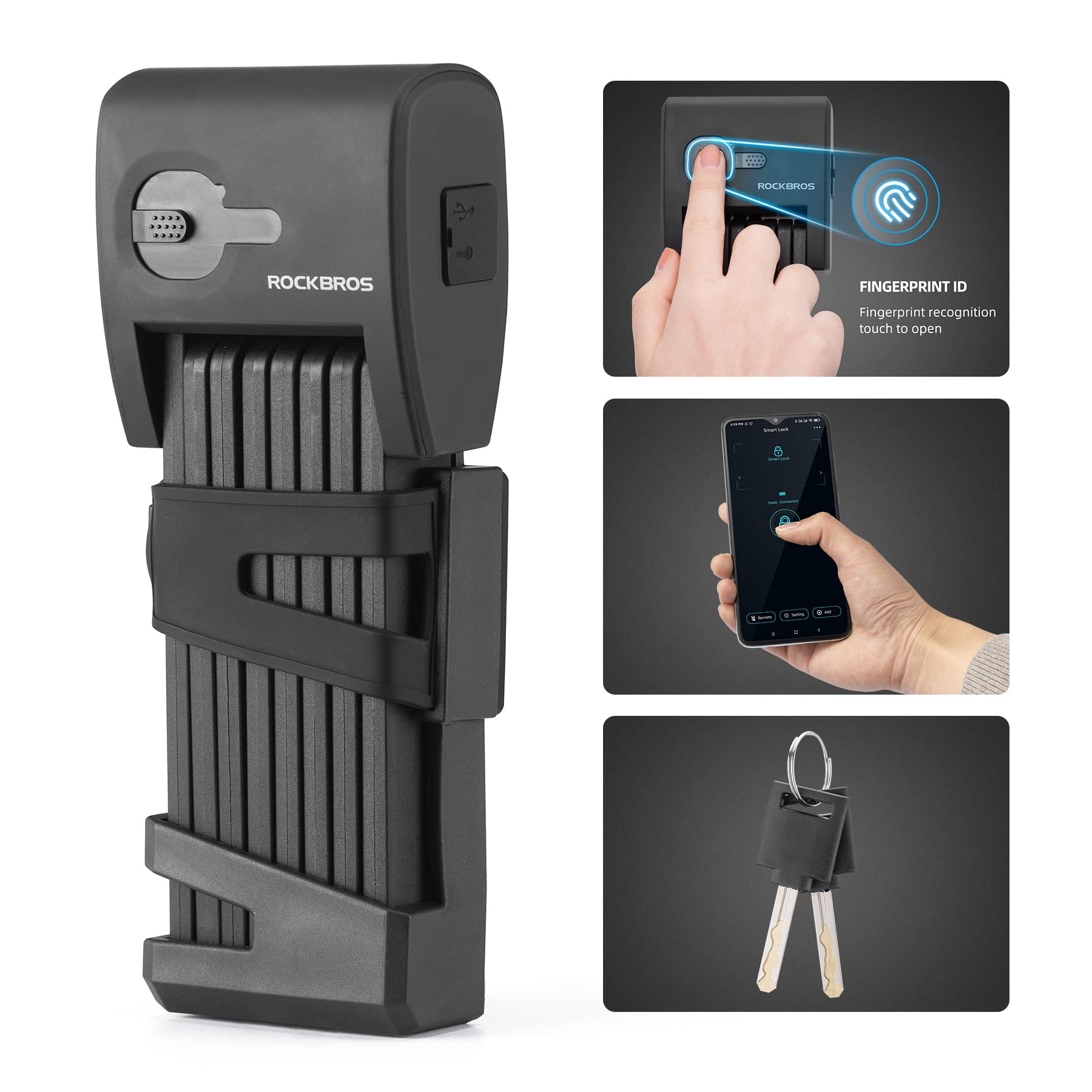 ROCKBROS Bike Folding Fingerprint Lock 90cm Key Lock Smart Safe Bluetooth Lock e