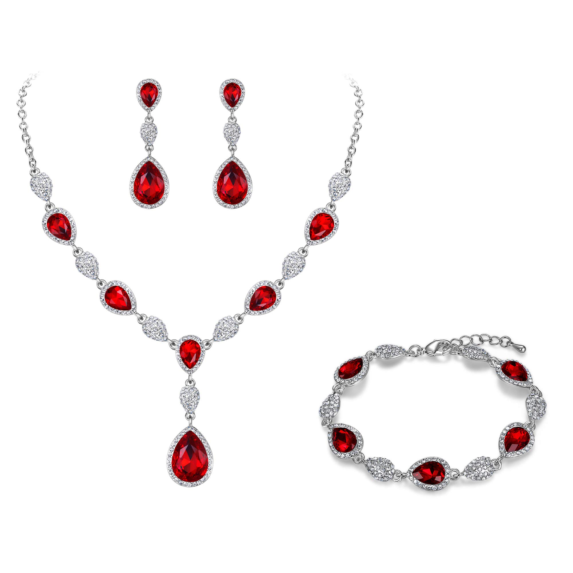 Clearine Gemstone Diamante Teardrop Wedding Bridal Costume Statement Y-Necklace Dangle Earrings Tennis Bracelet Set for Women Red Ruby Garnet Colour