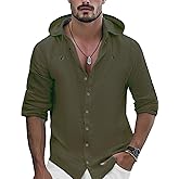 OYOZONE Mens Linen Shirts Casual Button Down Shirts Long Sleeve Roll-Up Sleeve Summer Beach Shirts Tops with Hood