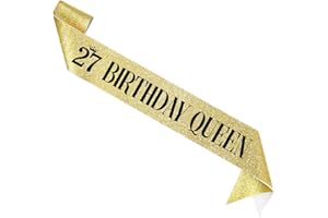 FXPATYY 27 Birthday Queen 27th Birthday Sash for Women, Gold Glitter Sash with Black Foil