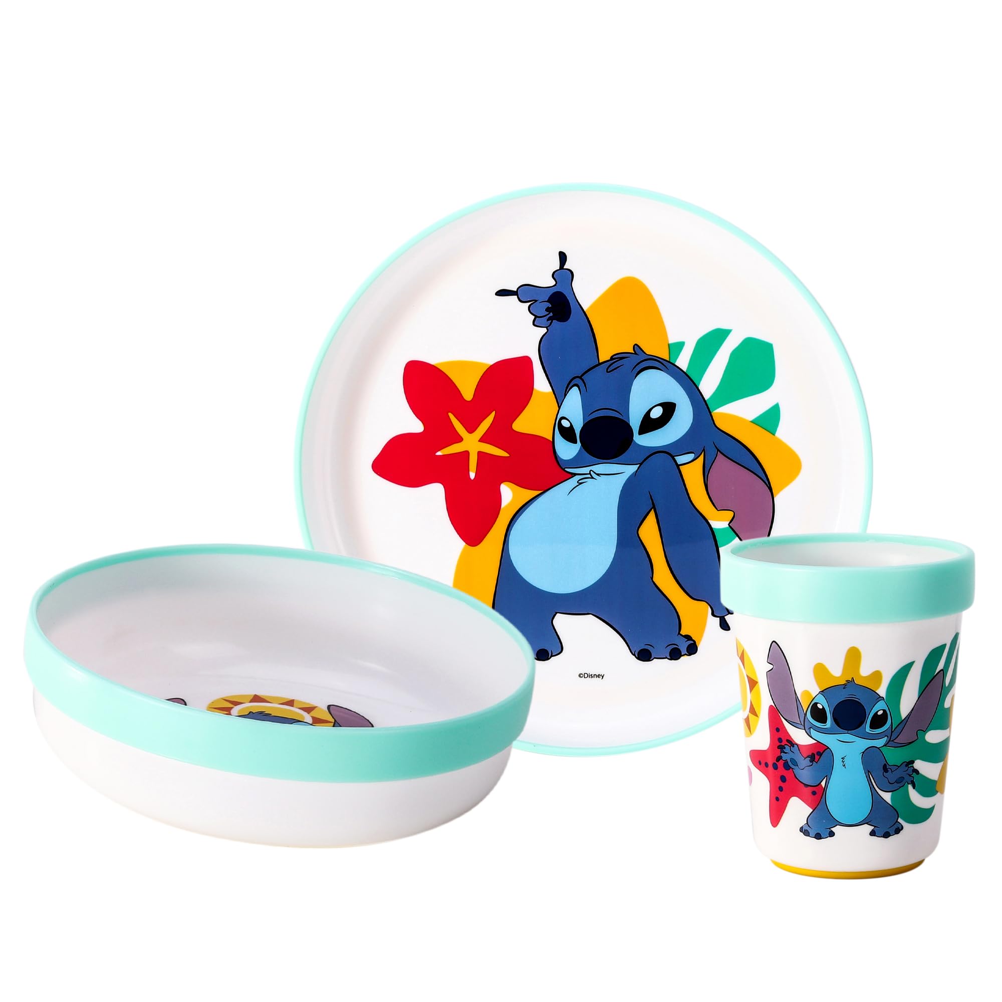 3pcs Reusable Bicolor Premium Kids Dinner Tableware Set Plate, Bowl & Tumbler, BPA Free (Stitch)