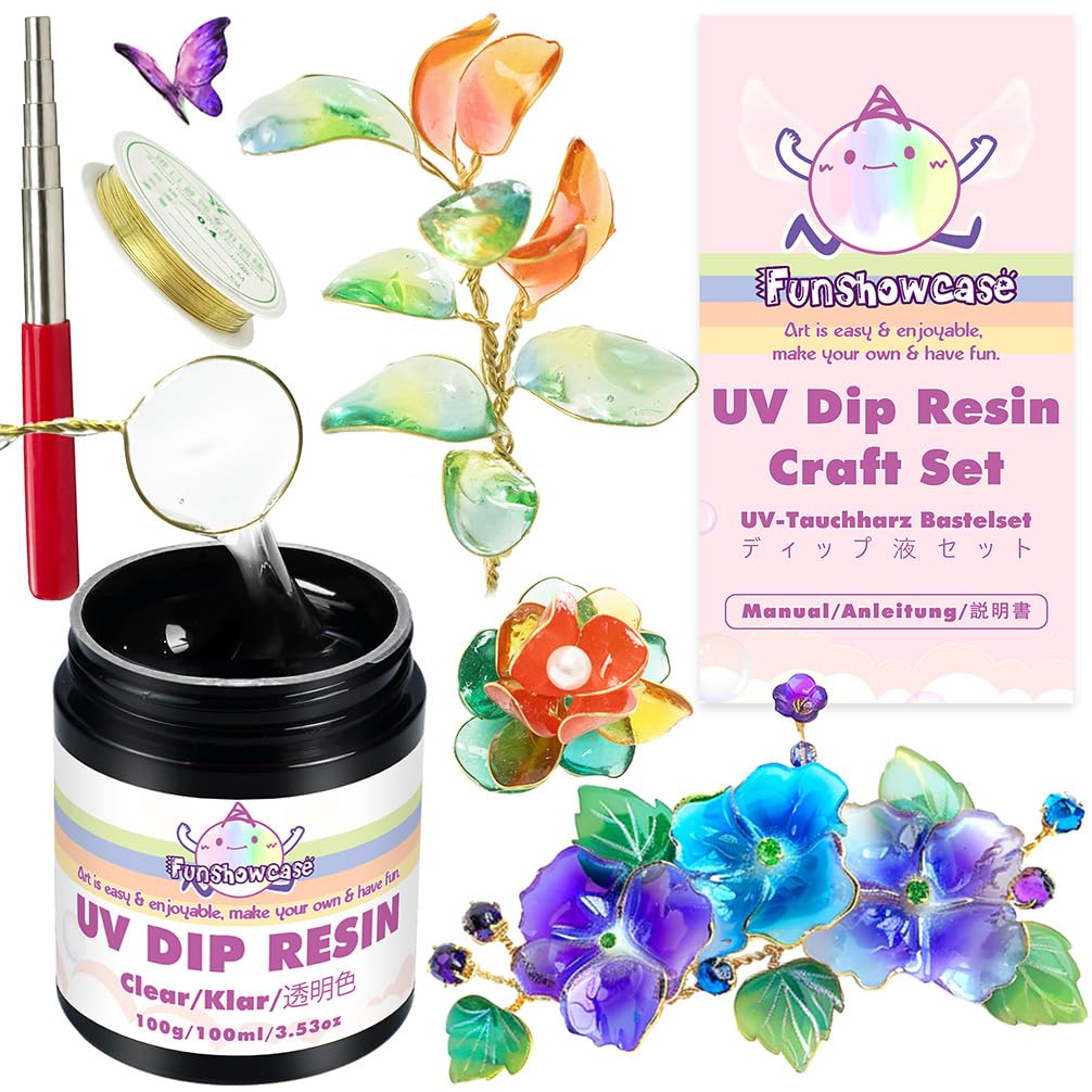 FUNSHOWCASE UV Dip Resin for Wire Shapes, Wire Art Low Odor Handmade Set, Transparent UV Dip Resin-100ml, 4mm(0.15inches) Copper Wire Roll 7m(22.9fts), Winding Rod Size 5mm-9mm(0.19-0.35inches)