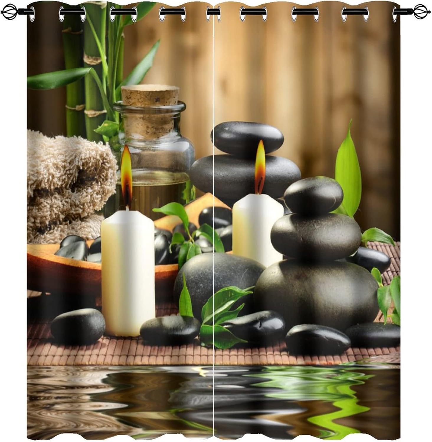 Outdoor Curtains - Zen Spa Japanese Garden Theme Ultra Soft Premier Blackout Curtains,Black Stone White Flower Green Bamboo PrintThermal Insulated Bedroom Noise Reducing Patio Door Grommet Top,2 Panels 63L x 27.5W