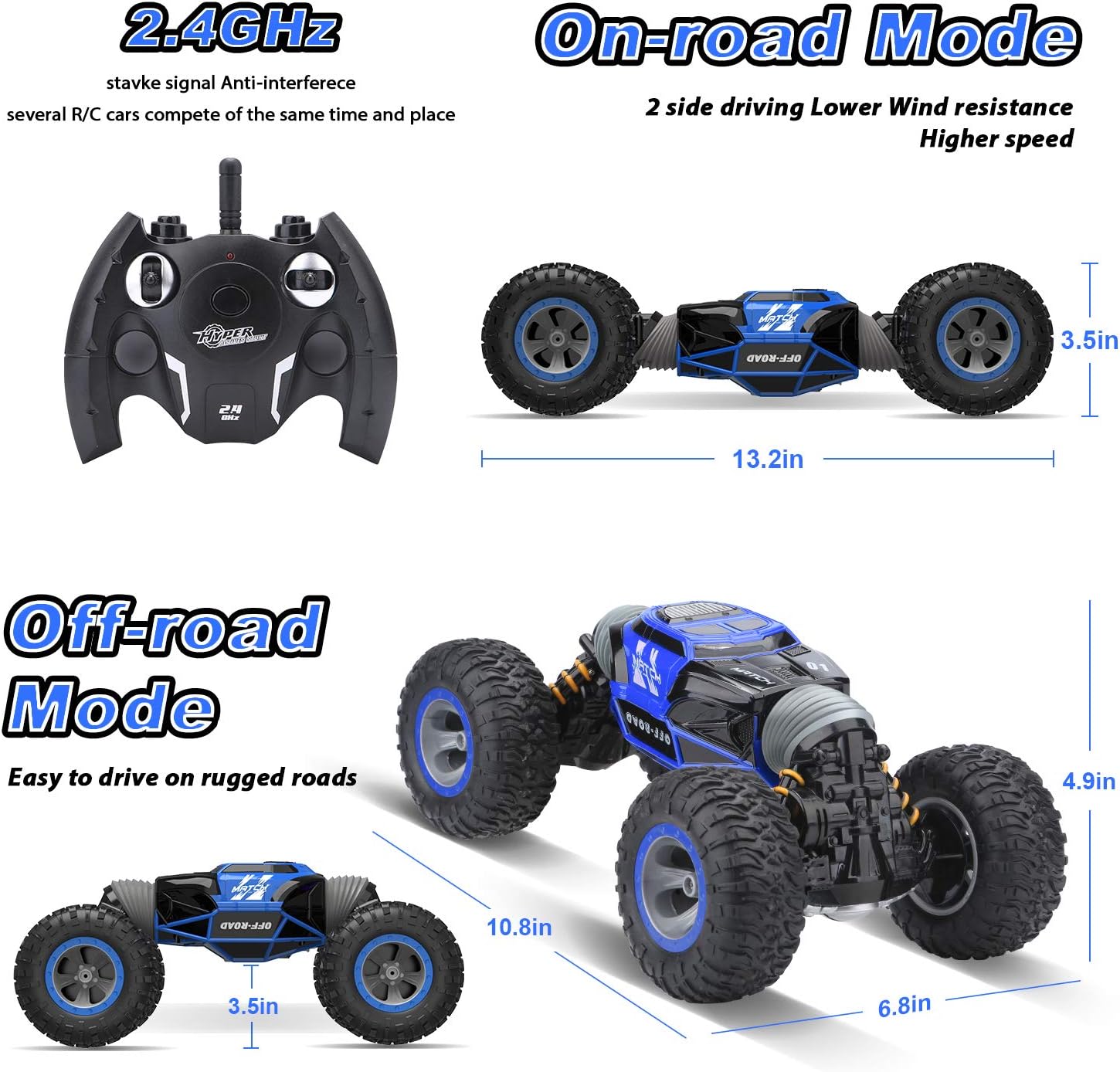BEZGAR 16 Toy Grade1:14 Scale Remote Control Crawler, 4WD Transform 15 Km/h All Terrains Electric Toy Stunt Cars RC Monster Vehicle Truck Car with Rechargeable Batteries for Boys Kids Teens and Adults: Toys & Games