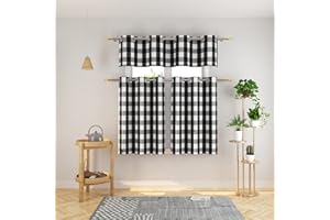 NATUS WEAVER 3 Pc Cotton Classic Country Farmhouse Kitchen Window Curtain Grommet Top -Black & White Buffalo Check Tier & Valance Set, 54" x 18" / 32" x 30"