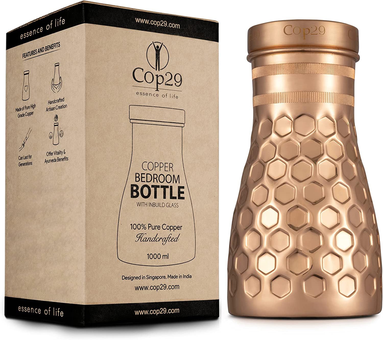 Cop29 Handmade Dolny Mat Honeycomb Copper Bedroom Water Bottle I Pitchers with Lid I Bedside Water Carafe (Indoor Use with Loose Lid) –1000ml/34oz