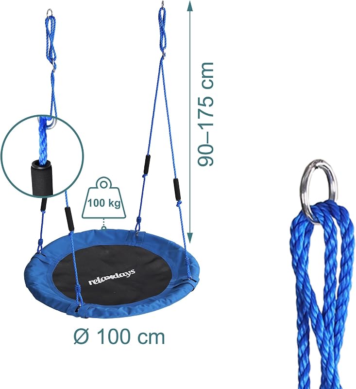 Baloiço Relaxdays Nest, Redondo, Pegas Almofadadas, para crianças, Ajustáveis, Exterior, Ø: 100 cm, até 100 kg, Azul