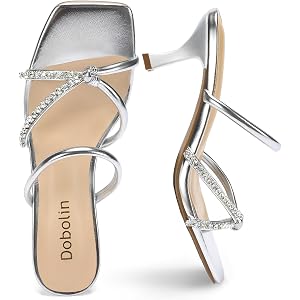 DOBOLIN Kitten Heel Sandals Slip On Open Toe Strappy Heels For Women Strappy Sandals Slides Comfortable Dress Shoes