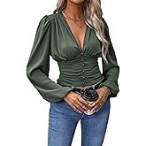 GORGLITTER Women's Ruched Deep V Neck Button Front Smock Lantern Sleeve Crop Top Blouses