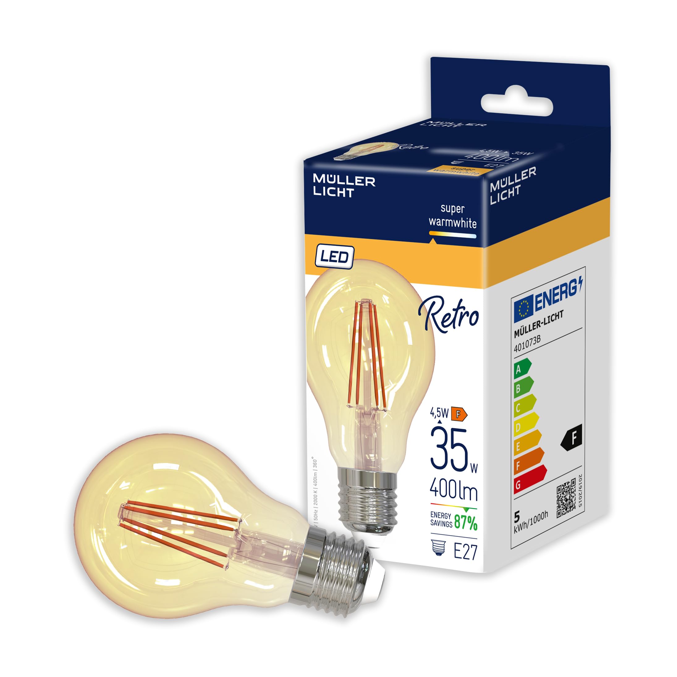Müller-Licht 4010731 Retro LED Light Bulb E27 with Innovative Filament Technology, Super Warm White Light (2000 K) for a Pleasant Atmosphere, Glass, 4.5 W, Gold, Pack of 5