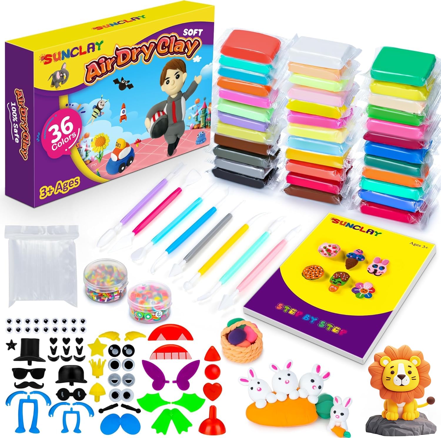 SUNCLAY Air Dry Clay - 36 Colours Modelling Clay with Project Booklet, Tools & Accessories for Kids Arts & Crafts Gifts - Ages 3-12