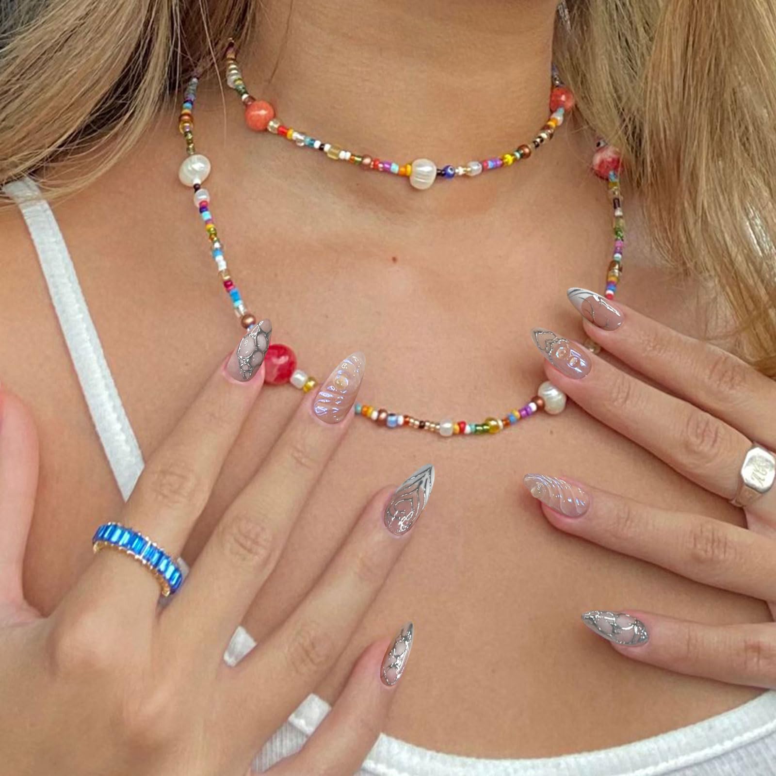 YOSOMMK Press on Nails Medium Almond Fake Nails Glossy Glue on Nails Silver 3D Swirl Acrylic Nails Artificial False Nails with Luxury Designs for Women - Image 2