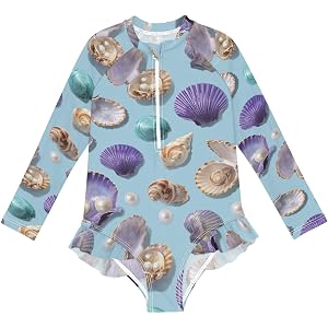 Boccsty Light Blue Seashells Baby Girls Long Sleeve Rash Guard One Piece Toddler Girl Swimsuits Bathing Suits 3T