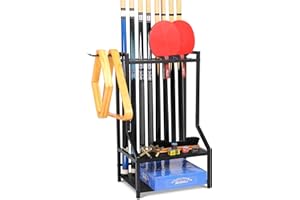 EnigmaSoul Pool Cue Rack Floor Stand with Ping Pong Paddle Storage | Heavy-Duty Billiard Stick Holder for Game Room, Man Cave, Bar | Space-Saving Pool Table Accessories Organizer