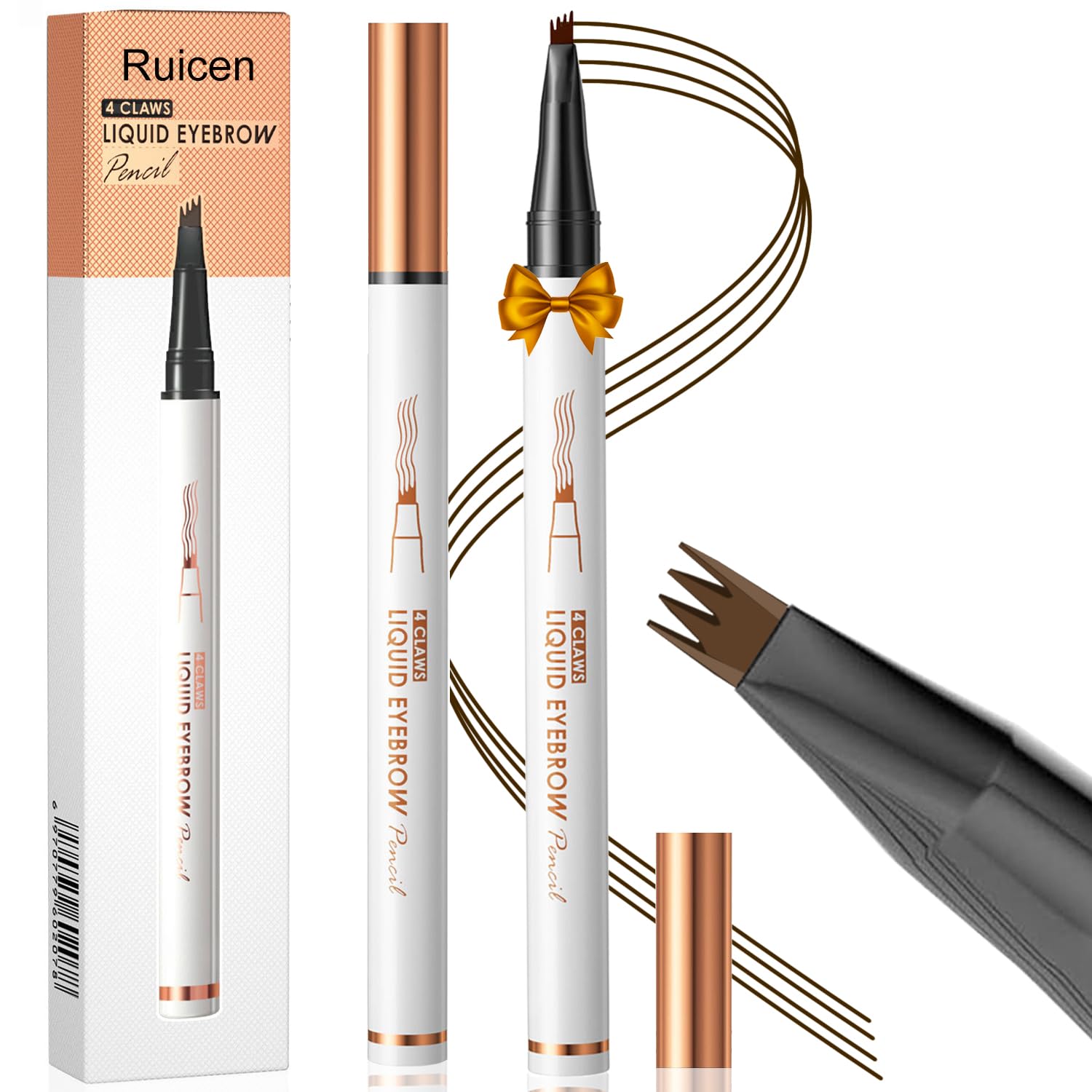 Microblading Eyebrow Pen - Upgraded Waterproof Eyebrow Pencil for Women, Brown with 4 Fork Tip for Natural-Looking, Hair-Like Defined Brows